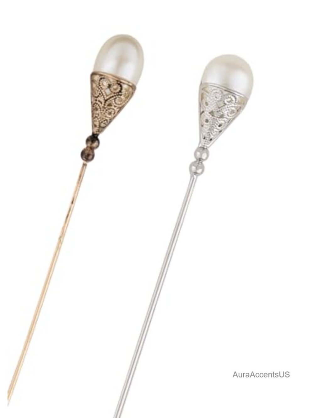 Vintage Pearl Hat Pin Set Flexible Bendable 2pc Brooch